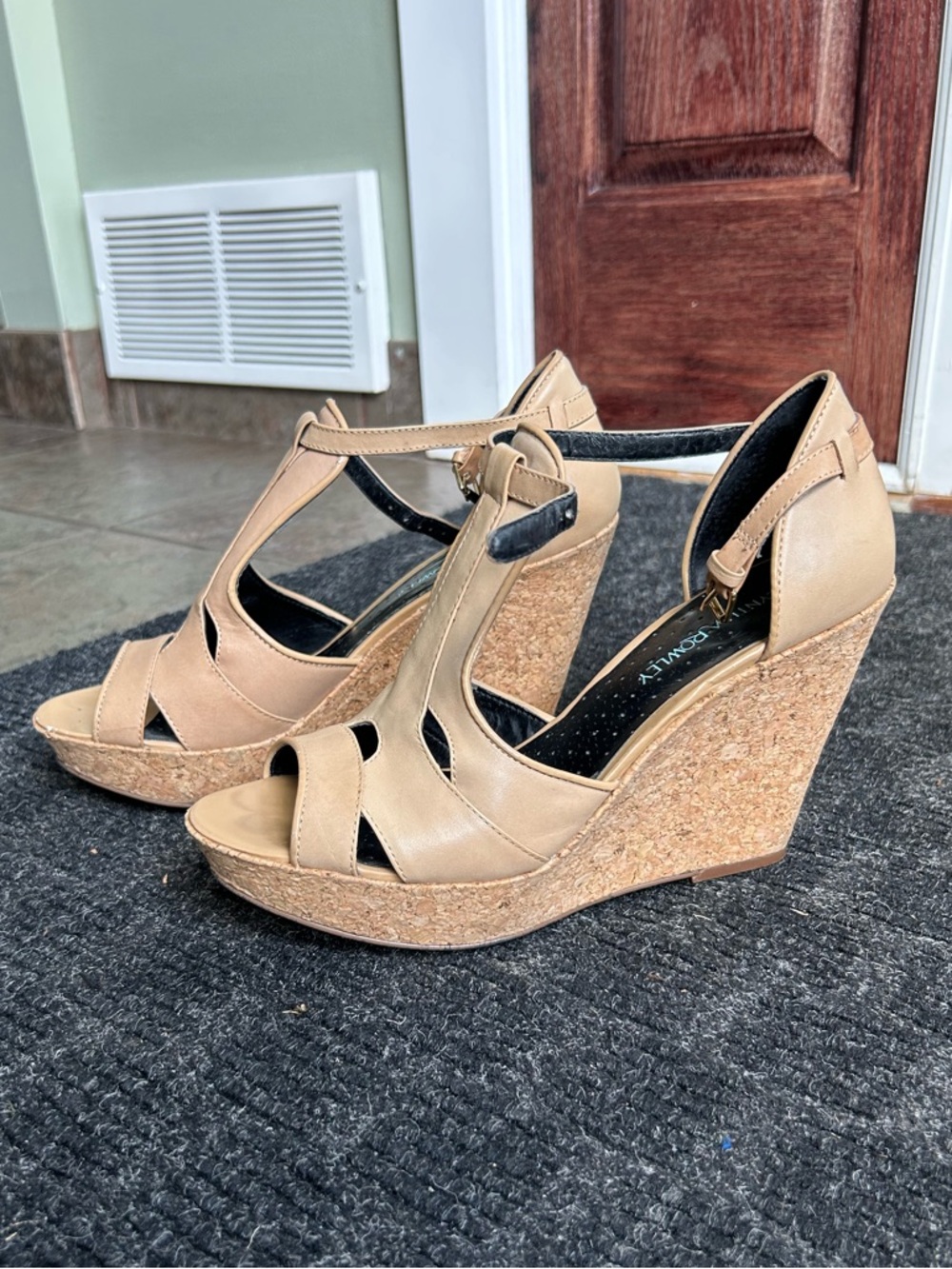 Cynthia Rowley Nude T-Strap Cork Wedge Sandals